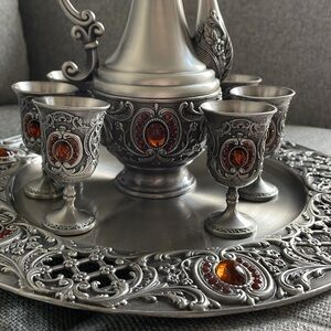 pewter decanter with cups & tray